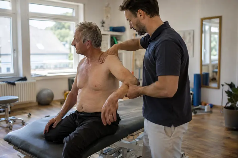 Ein Physiotherapeut behandelt die Schulter eines Patienten